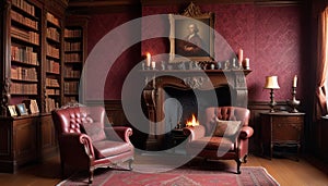 dark interior room with baroque wallpaper