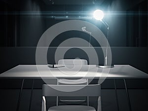 Dark interrogation room with switched-on lamp, 3d rendering.