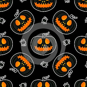 Dark Jack lantern pumpkin Happy Halloween jackolantern seamless pattern.Vector illustration isolated on black background