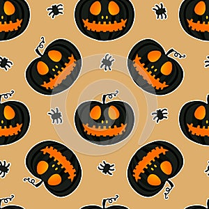 Dark Jack lantern pumpkin Happy Halloween jackolantern seamless pattern.Vector illustration isolated on gold background.