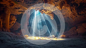 Dark karst cave with bright light from exit in jungle, inside wild red mountain cavern. Concept of nature, sunlight, landscape,