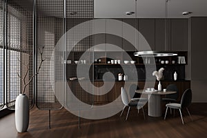 Dark kitchen interior with eating and cooking area, panoramic window