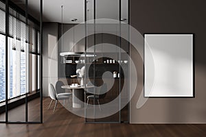 Dark kitchen interior with eating table and seats, cooking space. Mockup frame