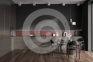 Dark kitchen interior with eating table and seats, shelves and kitchenware