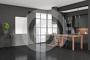 Dark kitchen room interior with empty white poster, bar counter