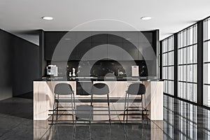 Bright kitchen room interior with table and three bar stool