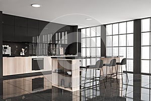 Bright kitchen room interior with table and three bar stool