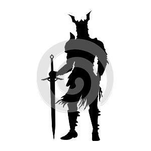 Dark knight silhouette. Fantasy warrior with sword. Isolated medieval paladin statuette. Armour warlord figure photo