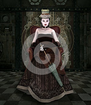 Dark lady in a steampunk room