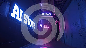 Dark lane in cyberpunk city at night, neon sign AI Store in empty grungy alley in purple and blue lighting. Concept of dystopia,
