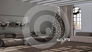 Dark late evening scene, Christmas tree and presents in modern living room with sofa and carpet. Parquet and vaulted ceiling,