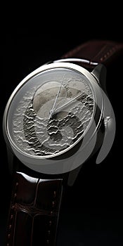 Dark Leather Watch With Moon Rising Above Clouds - Zbrush Style