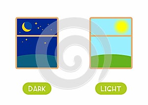 Dark and light antonyms word card flat vector template. Flashcard for english language learning. photo