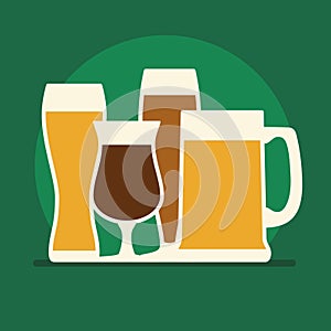 Dark and light beer glasses in flat style. Different group of beer mugs. Alcohol drink vector illustration