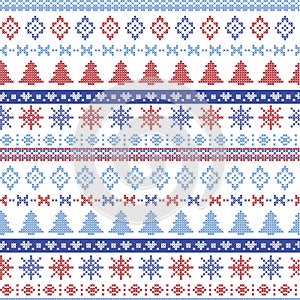 Dark and light blue and red Christmas Nordic pattern with snowflakes, trees , xmas trees and decorative ornaments in scandinavian