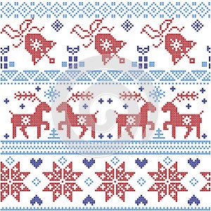 Dark and light blue and red Scnadinavian Christmas cross stitch pattern including reindeer, snowflake, star, Xmas tree, bell, pr