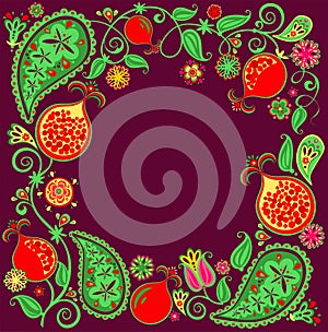 Dark lilac background with floral ethnic border with abstract pomegranate tree, fruit, flowers and paisley