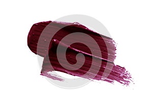 Dark lipstick smear smudge swatch. Plum color cosmetic product brush stroke isolated on white background photo