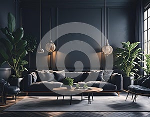 A dark living room with a dark couch, coffee table, plants, and a lamp