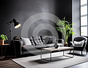 A dark living room with a dark couch, coffee table, plants, and a lamp