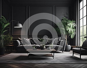 A dark living room with a dark couch, coffee table, plants, and a lamp