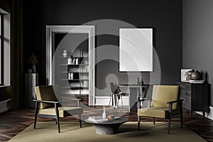 Dark living room interior with armchairs and bookshelf, poster mock up