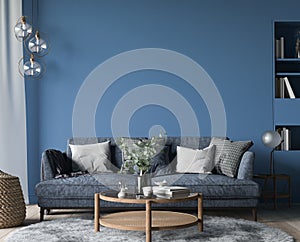 Dark living room interior, blue armchairs with wooden home accessories in modern cozy apartment