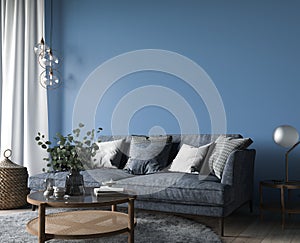 Dark living room interior, blue armchairs with wooden home accessories in modern cozy apartment