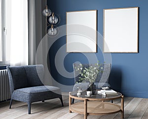 Dark living room interior, blue armchairs with wooden home accessories in modern cozy apartment
