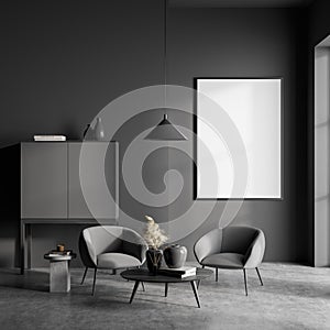 Dark living room interior with empty white poster, grey armchairs