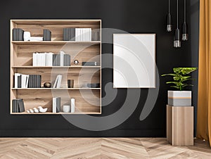 Dark living room interior with empty white poster, shelves