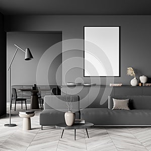 Dark living room interior with empty white poster, sofa