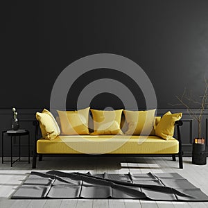 Dark living room interior with yellow sofa mock up, luxury modern living room interior background, black wall, scandinavian style