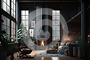 Dark living room loft with fireplace, industrial style, 3d render. Generative AI