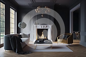 Dark living room loft with fireplace. Modern beautiful living room interior and fireplace in new luxury home. generative ai