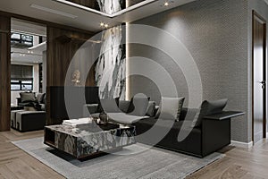 Dark living room in loft style, Black sofa against gray wall