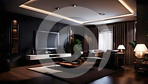 dark living room in a middle class house, interior of a modern home for living and relaxing,