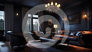 dark living room in a middle class house, interior of a modern home for living and relaxing,