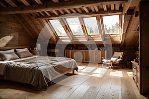Dark loft style interior of big cozy country house. open plan apartment with kitchen area, rest zone and bed area. Huge windows an