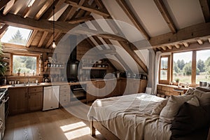 Dark loft style interior of big cozy country house. open plan apartment with kitchen area, rest zone and bed area. Huge windows an