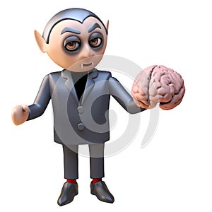 Dark lord vampire dracula 3d character holding a human brain, 3d illustration