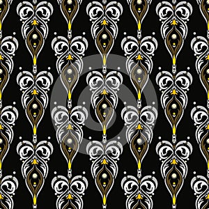 Dark luxurious seamless pattern of curly elements in oriental style. Elegant texture with smooth lines and swirls on a black