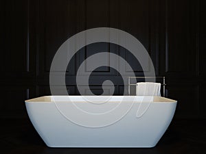 Dark luxury bathroom interior with bathtub. 3d image