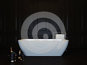 Dark luxury bathroom interior with bathtub and champagne. 3d image
