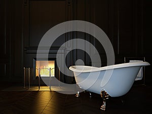 Dark luxury bathroom interior with bathtub and fireplace. 3d image