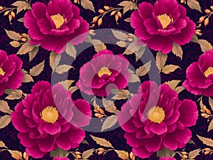 Dark Magenta Peony Flowers on Purple Volet Background, Seamless Pattern