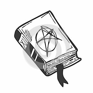 Dark magic spell book cartoon drawing, cute black and white wiccan grimoire. Isolated vector illustration