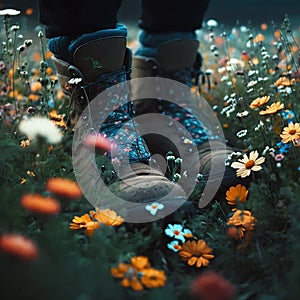 Dark male shoes, legs standing, trampling in a field of flowers. Closeup to the ground. Image of a meadow of grass