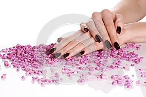 Dark manicure and pink stones