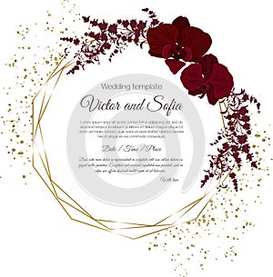 Dark maroon orchids, burgundy colored schwab, gold frame, sequins. All elements are isolated